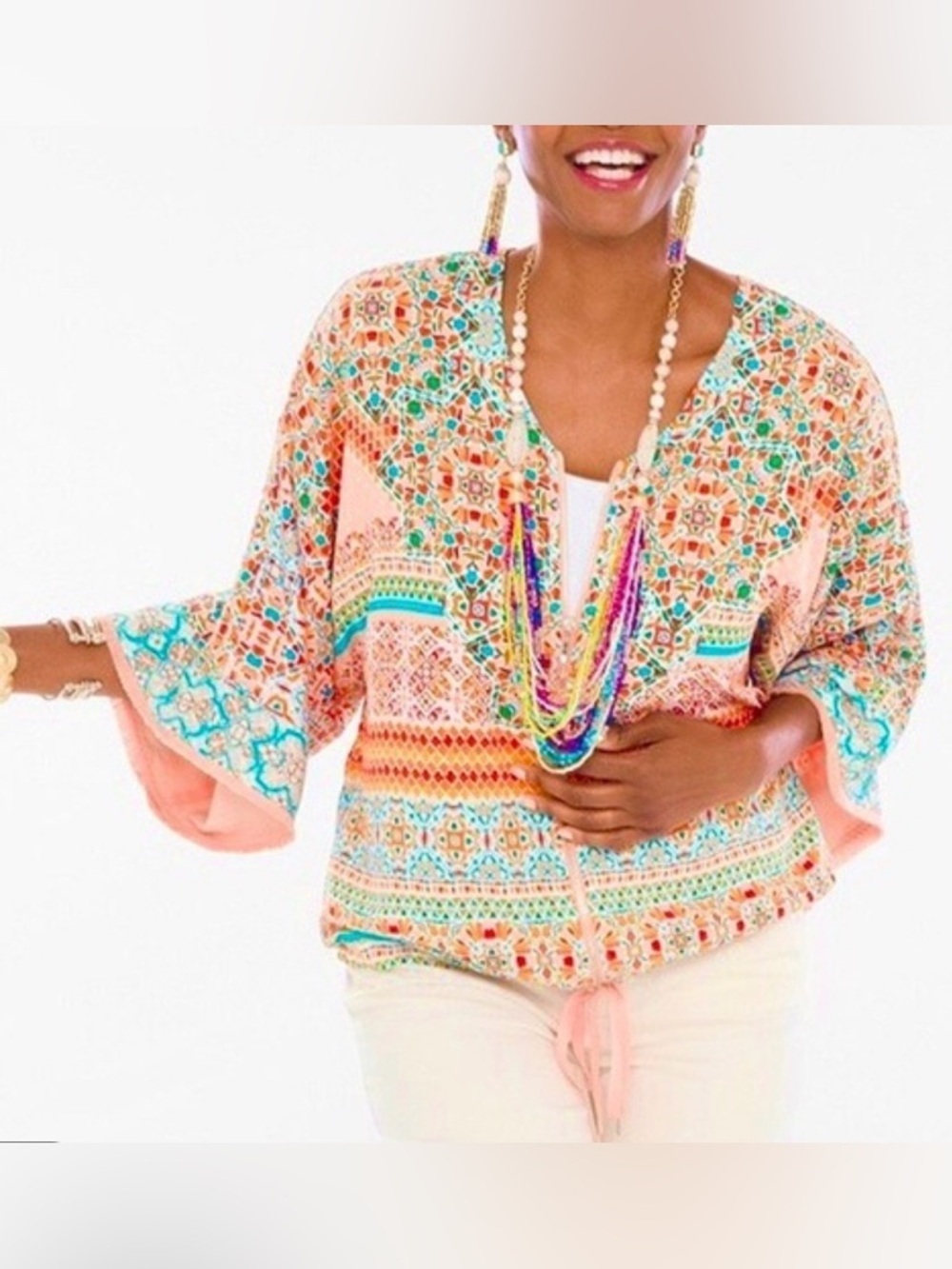 Chico's 8 Georgette colorful wide arm zip tie waist polyester whimsical top boho